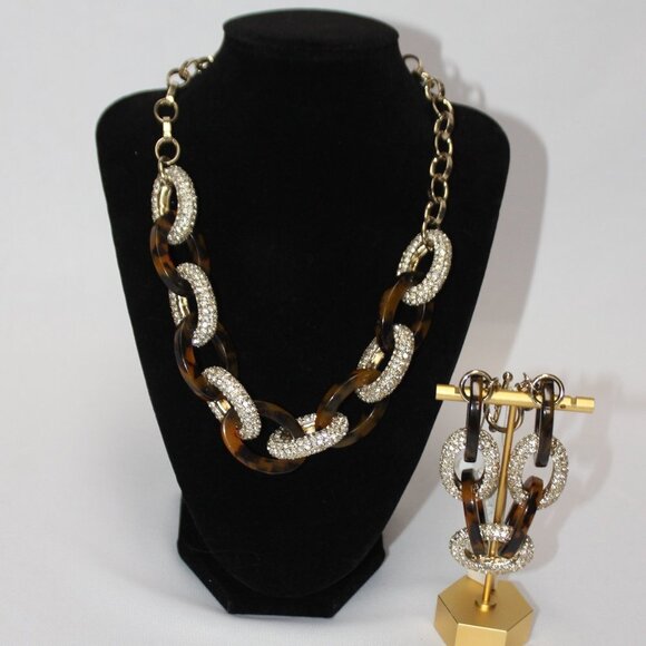 NWT Ann Taylor Faux Tortoise and Rhinestone Chain Link Necklace and Bracelet Set - Picture 1 of 16